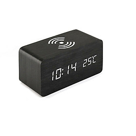 Mua Đồng hồ LED để bàn giả gỗ CAO CẤP - Sạc không dây Qi wireless charger- Nhiệt kế - Báo thức - Cảm ứng âm thanh - Gỗ ĐEN led trắng