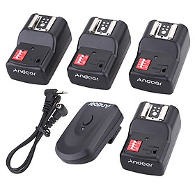 Bộ Kích Hoạt Flash Không Dây 16 Kênh Andoer Gồm 1 Bộ Phát + 4 Bộ Thu + 1 Dây Đồng Bộ Cho Canon Pentax