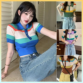 Áo len Montoghi dệt kim HÀNG KHUY CỔ phối màu KEM phong cách đơn giản thanh lịch