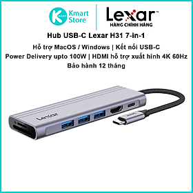 Hub USB Type-C 7-in-1 Lexar H31 LPAH31N-RNHNG | Power Delivery upto 100W | HDMI 2.0 xuất hình 4K 60z | Bảo Hành 12 Tháng - Hàng Chính Hãng