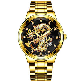 Đồng hồ nam dây thép không gỉ công sở mặt khắc rồng vàng nôi sang trọng