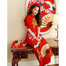 Áo dài cách tân tay bồng in 3D họa tiết cánh quạt AD011 - Lady Fashion