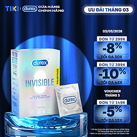 Bao Cao Su Durex Invisible Siêu Mỏng, Size 52 mm, Hộp 16 Bao Mới Ra Mắt - Hộp Lớn Siêu Tiết Kiệm