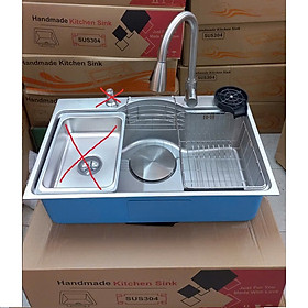 Chậu rửa bát inox304 bán nguyệt 5li chống xước 7546 Valenza, vòi rửa bát rút dây nóng lạnh 01, bộ xả 18cm, khay inox, rổ inox lỗ, bình rửa bát, rửa ly cốc