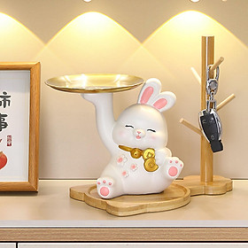 Resin Bunny Statue with Tray Ornament Desk Organizer Miniature Figurine Animal Sculpture for Hallway Living Room Entrance Desktop Decor