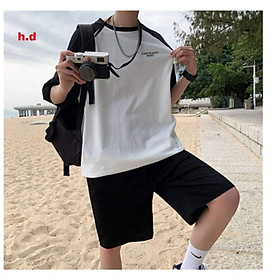sét đồ bộ nam nữ, áo thun phối tay raplang CAMY + quần đùi đen ống rộng form chuẩn ảnh unisex freesize nam nữ dưới 55kg