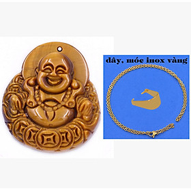 Mặt Phật Di lặc đá mắt hổ vàng đen 4 cm ( size lớn ) kèm vòng cổ dây chuyền inox vàng + móc inox vàng, mặt dây chuyền Phật cười