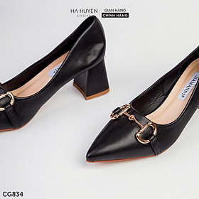 Giày cao gót mũi nhọn Hà Huyền Shoes gót vuông 5 phân da lì họa tiết xích
