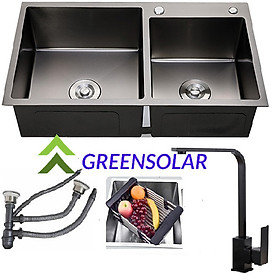 Combo chậu + vòi nano kháng khuẩn GREENSOLAR hai hố lệch 82x45x23cm, tặng rá inox đa năng