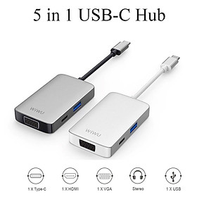 CỔNG CHUYỂN WIWU 5IN1 ALPHA USB-C Hub A513HVP HDMI 4K VGA USB 3.0 Jack 3.5mm PD 87W Hỗ Trợ Cho Các Dòng Ipad Pro, Macbook, Smartphone Chất Liệu Vỏ Nhôm Nguyên Khối Cao Cấp - Hàng Chính Hãng