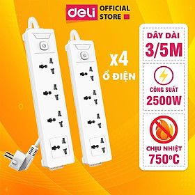 Ổ Cắm Điện Đa Năng 2500W Có Công Tắc Nguồn 3/4/6 Ổ , 3M/5M Dây Chống Giật Chống Cháy Chất Lượng Cao Deli - Phiên Bản Mới Nâng Cấp 2023 - Hàng Chính Hãng - ET401 - 406 - 4 ổ điện, 1 công tắc nguồn - 3m