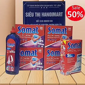 Combo 100 viên rửa bát somat + muối rửa bát somat 1.2kg + Nước làm bóng chén bát somat 750ml chính hãng