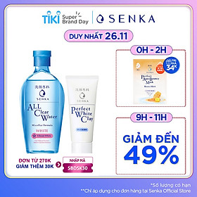 Combo Nước tẩy trang dưỡng trắng Senka All Clear Water Micellar Formula White 230ml + Sữa rửa mặt tạo bọt chiết xuất đất sét trắng Senka Perfect White Clay 50g