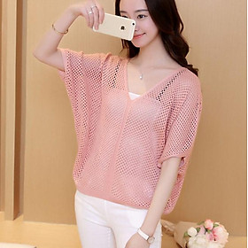 Áo lỗ ngắn tay mặc ngoài áo 2 dây và đồ bơi 2 mảnh AO28 lưới lỗ cổ chữ V Free size