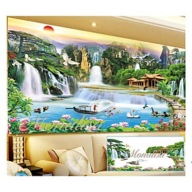 Tranh Đính Đá PHONG CẢNH LƯU THỦY SINH TÀI. Kích Thước: 1m2 x 65cm - 1m6 x 70cm - 2m x 90cm