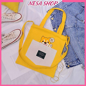 Hình ảnh Túi Tote Canvas in hình Cún LiVing NeSa Shop, túi đeo chéo nữ, chất liệu vải canvas, phong cách trẻ trung