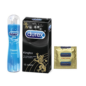 Bộ sản phẩm DUREX gồm Bao cao su Durex Kingtex 12 bao / hộp + Gel bôi trơn Durex Play Classic 100ml / chai + Tặng 1 Bao cao su INNOVA Siêu gai