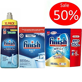 combo Viên rửa bát finish all in one 100 viênDung dịch Nước làm bóng finish 750ml Muối rửa bát finish 1.5kg cho Máy rửa bát - combo 150 viên muối 1.5kg bóng 750ml