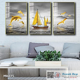Bộ 3 tranh mica cao cấp Cá heo, thuyền và biển - MK075