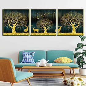 Bộ 3 tranh canvas treo tường Decor họa tiết cách điệu hươu và rừng cây, phong cách hiện đại - DC026