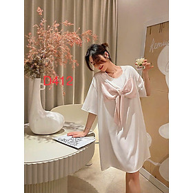 Đầm Ngủ D412 Lụa Quảng Châu Cao Cấp Mẫu Trơn Đơn Giản Đính Nơ Xinh Xắn