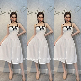 Đầm váy nữ dạ tiệc hai dây kết nơ xẻ tả màu trắng tinh khôi, sang chảnh.