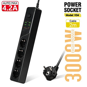 3000W EU Power Strip Dải AC Outlets Multitap Socket 2M Dây mở rộng Điện với USB Type C PD 4.2A Bộ lọc bộ lọc mạng Tiêu chuẩn: EU plug