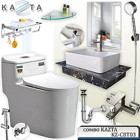 Mua Combo Thiết Bị Nhà Tắm Cao Cấp KAZTA KZ-CBT03: Bồn Cầu 1 Khối Xả Xoáy Nắp Êm-Lavabo Đặt Bàn Đá-Sen Tắm Nóng Lạnh Kèm Bộ Phụ Kiện Nhà Tắm Sang Trọng Như Hình