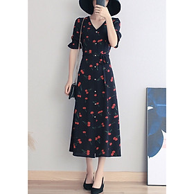Đầm cherry nút trắng form dài