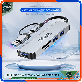 Hub USB 3.0 Và Hub Type-C ASWEI 5in1 To USB 3.0, SD, TF - Hub Chuyển Đổi USB Type-C 5 Cổng - Cổng Chia, Ổ Chia USB Tốc Độ Cao Dành Cho Macbook, Laptop, PC, Máy Tính Bảng, Điện Thoại - Hàng Chính Hãng