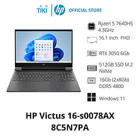 Laptop HP Gaming Victus 16-s0078AX 8C5N7PA (Ryzen 5 7640HS/ 16GB/ 512GB SSD/ Nvidia GeForce RTX 3050 6Gb GDDR6/ 16.1inch FHD/ Windows 11 Home/ Black/ Vỏ nhựa) - Hàng Chính Hãng