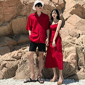 Set áo váy đôi nữ váy dài hai dây nam sơ mi cao cấp màu đỏ chất đẹp - ÁO ĐÔI COUPLE AV181