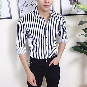 Áo sơ mi nam sọc đứng to nổi trắng phối đen
