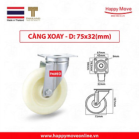 Bánh xe đẩy nhựa trắng PP Eco càng thép xoay 360 độ 75-100-125mm - Happy Move Thái Lan