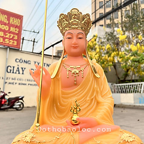Tượng Địa Tạng Vương Bồ Tát ngồi trên đài sen bằng đá nhập khẩu cao cấp cao 40cm– màu trắng và vàng