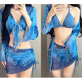 Bikini Loang Màu Set 4 Món Áo Choàng Dài Tay Váy Rút Dây BK004 MayHomes Đồ Bơi Nữ 4 Mảnh