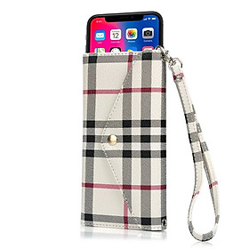 Bao da caro nữ kiêm ví cao cấp - Trắng sữa caro - iPhone XS Max