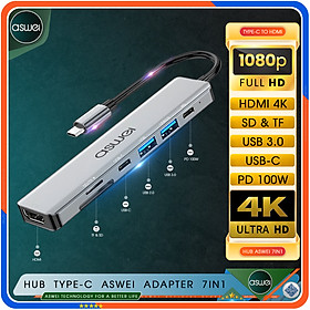 Hub Type C ASWEI 7in1 To HDMI, USB 3.0, SD, TF, USB-C, PD 100W - Hàng Chính Hãng