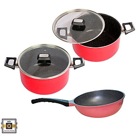 Mua Combo 3 món cao cấp Hàn Quốc  bộ 2 nồi chống dính vân đá (K)  quai chống nóng  nắp kính cường lực viền inox (size 20-24 cm) và Chảo đúc chống dính vân đá ceramic sâu lòng (E) 26 cm  dùng bếp gas  hồng ngoại  ... - Hàng chính hãng