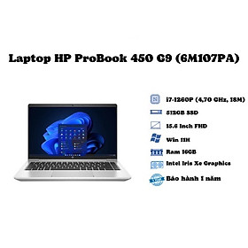 Máy tính xách tay Laptop HP ProBook 450 G9 (6M107PA)/ Bạc/ i7-1260P/ RAM 16GB/ 512GB SSD/ 15.6 Inch FHD/ 3 Cell/ Win 11H/ 1Yr - Hàng chính hãng