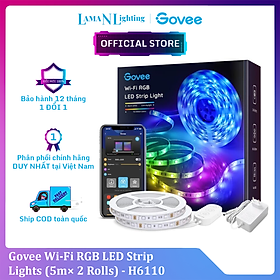 Dây đèn LED RGB chạy đuổi Govee Wi-Fi Strip Lights H6110 | Gồm 2 cuộn 5m, Cảm biến nhấp nháy theo nhạc độc đáo