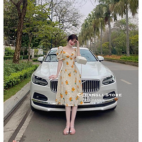 Hình ảnh ĐẦM ĐI CHƠI, VÁY ĐI CHƠI, VÁY HOA VÀNG CỔ VUÔNG TAY NGẮN PHỒNG DÁNG DÀI XÒE CỰC XINH
