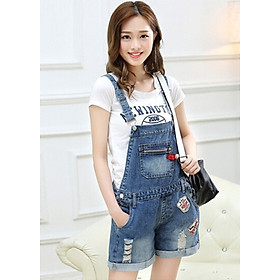 Quần Yếm Jean Short Nữ Wash Rách Thêu Logo