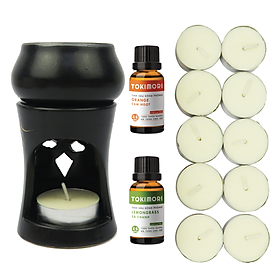 Bộ Đèn Xông Tinh Dầu TOKI MORI bằng nến kèm 2 chai tinh dầu 10ml Sả Chanh, Cam Ngọt, Nến Sáp, Khử Mùi, Làm Thơm, Trang Trí Nhà ở, Văn Phòng, Quà tặng