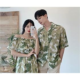 Set đồ đôi váy nữ hở vai áo sơ mi nam cổ V Hàn Quốc couple AV55