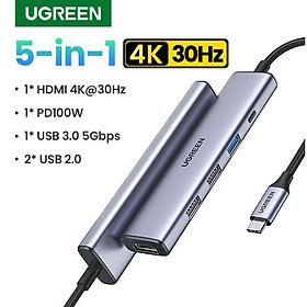 Hub USB Type-C 5 trong 1 Ugreen 15596 CM511, 1x HDMI 4K@30Hz, 3x USB-A 3.0, USB-C PD 100W hàng chính hãng