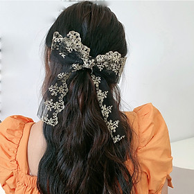 Kẹp tóc nơ dây dài thêu hoa dễ thương KAH178