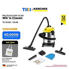 Máy hút bụi đa năng khô và ướt Karcher chính hãng WD 1s Classic công suất 1300W dung tích 18l thép không gỉ (Hàng chính hãng)