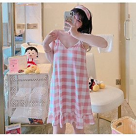 Đầm mặc nhà, đầm ngủ, đầm đuôi cá, đầm 2 dây họa tiết kẻ caro cute AH03