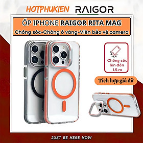 Ốp lưng chống sốc cho iPhone 16 Pro Max iP 15 Pro Max sạc không dây từ tính viền bảo vệ camera kiêm giá đỡ trong suốt hiệu Raigor Rita - Hàng nhập khẩu - Cam - iPhone 15 Pro Max